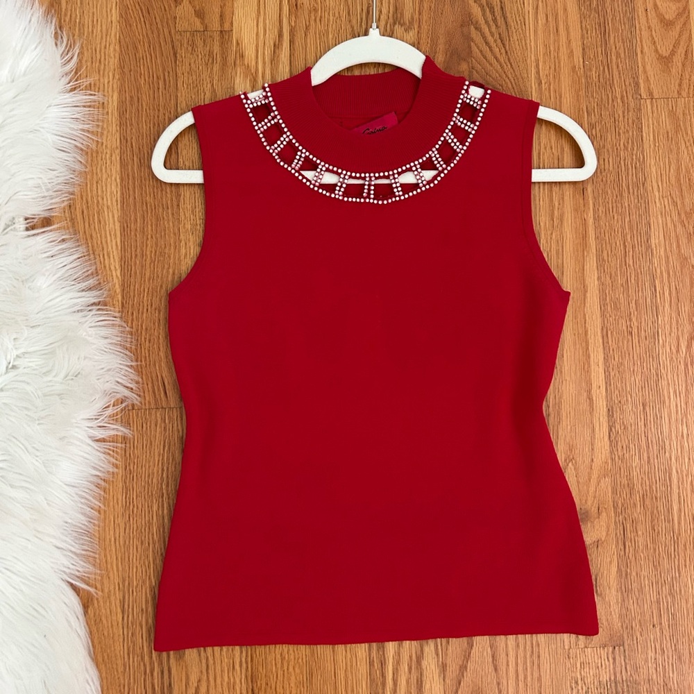 RED SPARKLY SEQUINED SHORT SLEEVE FITTED TOP